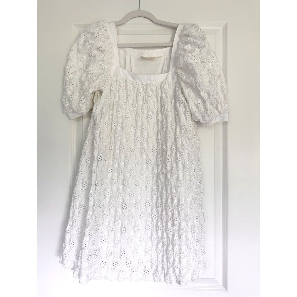 Maeve Anthropologie White Eyelet Puff Sleeve Mini Dress Cottagecore Women Small